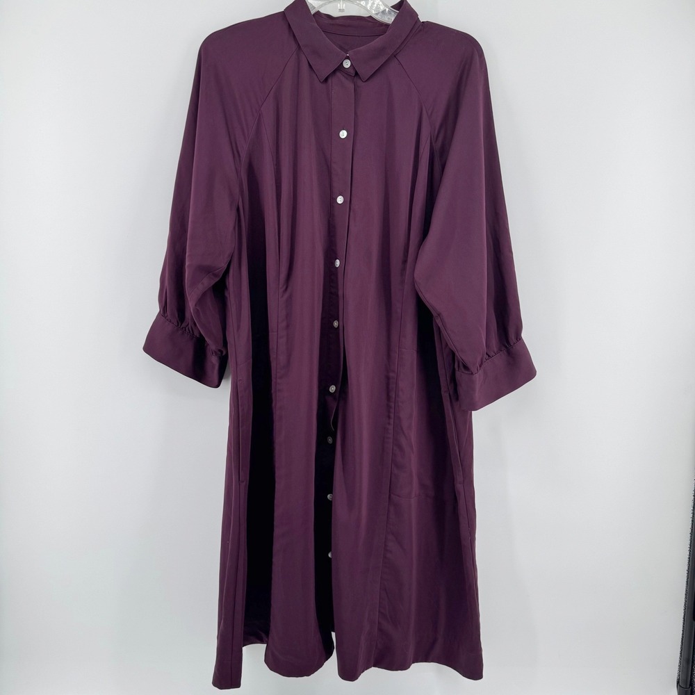 J. Jill Shirt Dress Women 2X Plum Tencel Modal Button Front Midi Puff 3/4 Sleeve